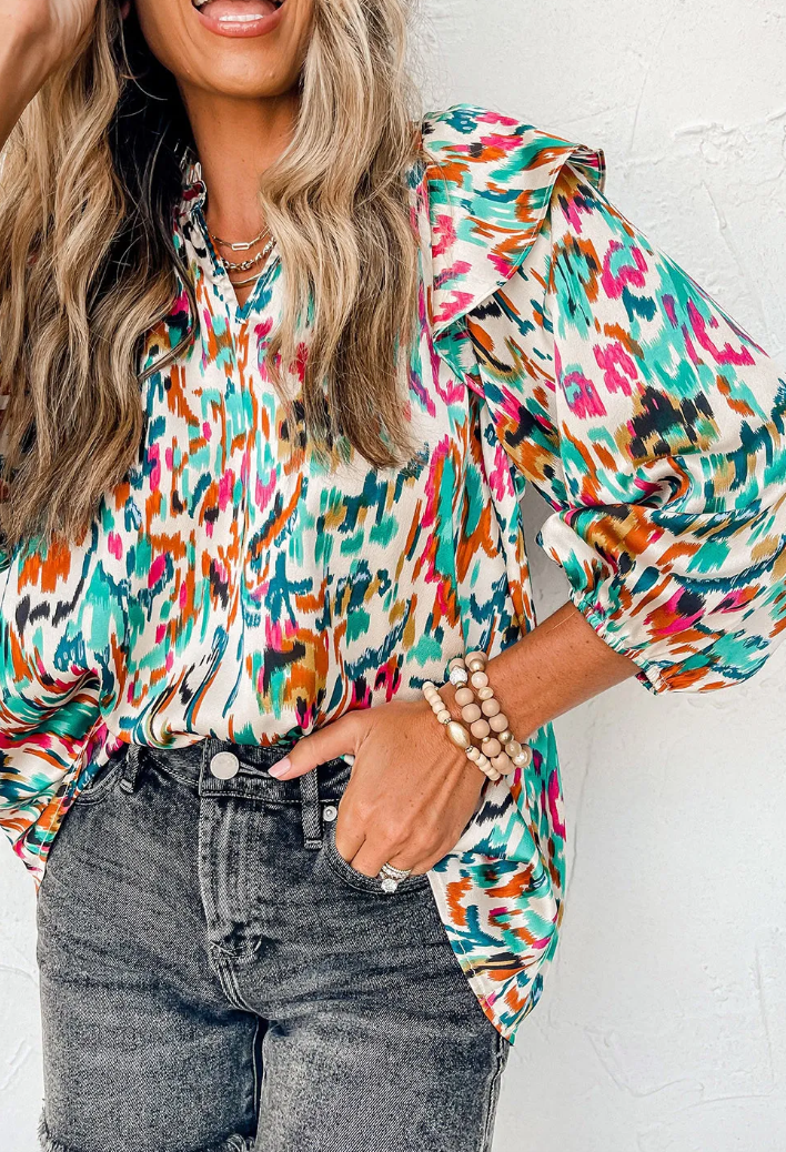 White Abstract Ruffle Top