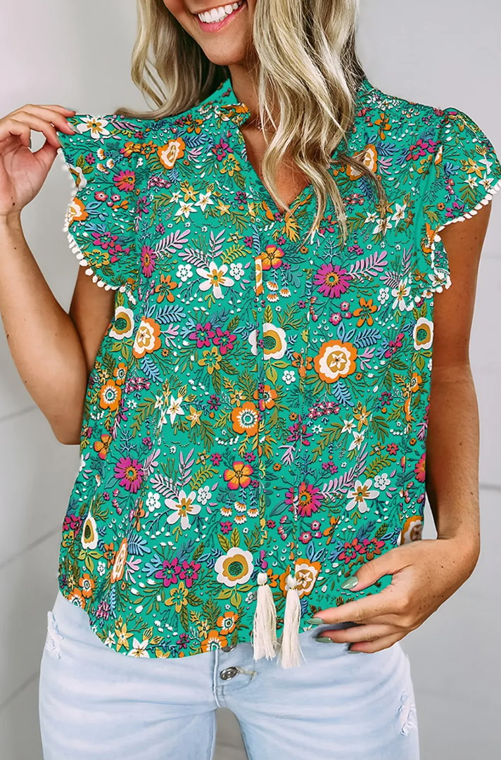 Green Floral Ruffle Top