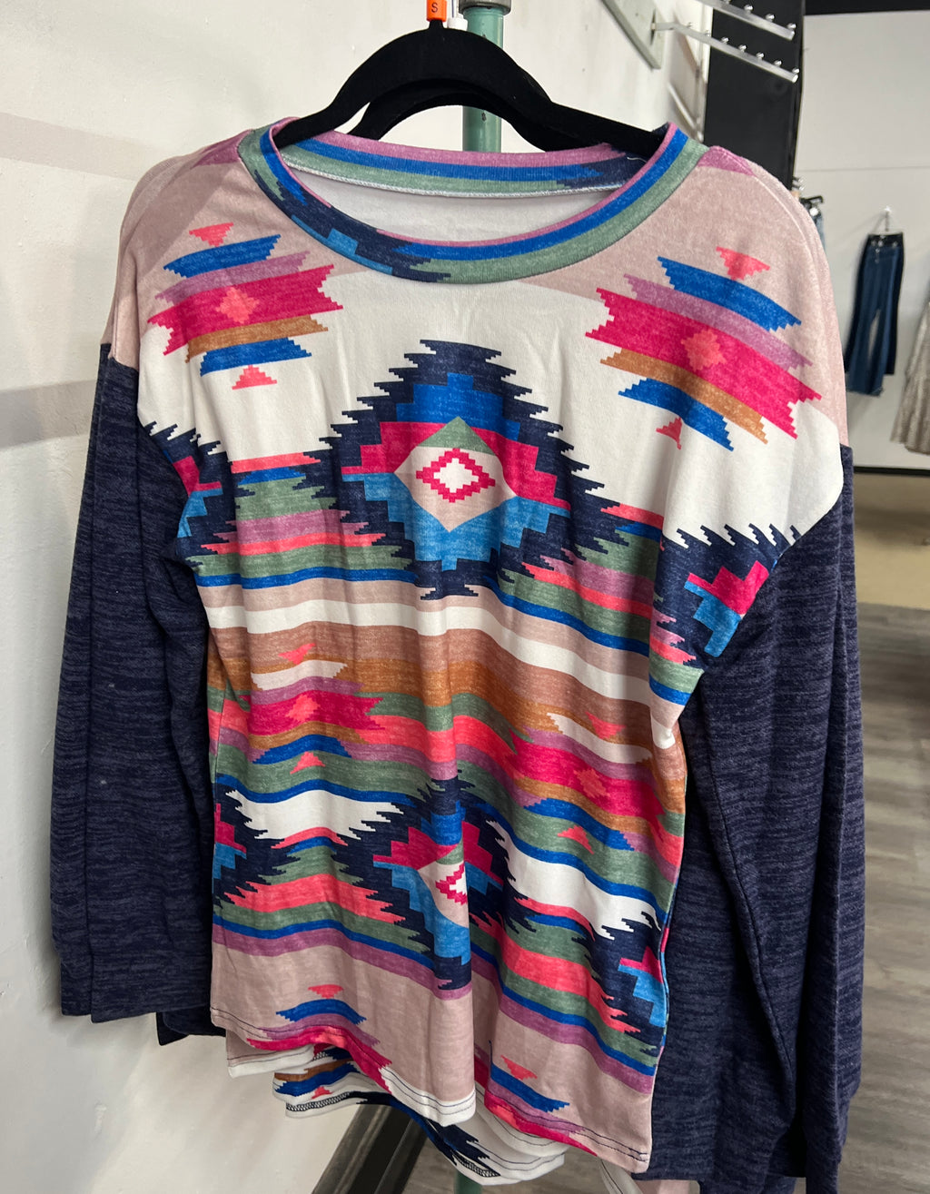 Blue and Pink Aztec Long Sleeve Top