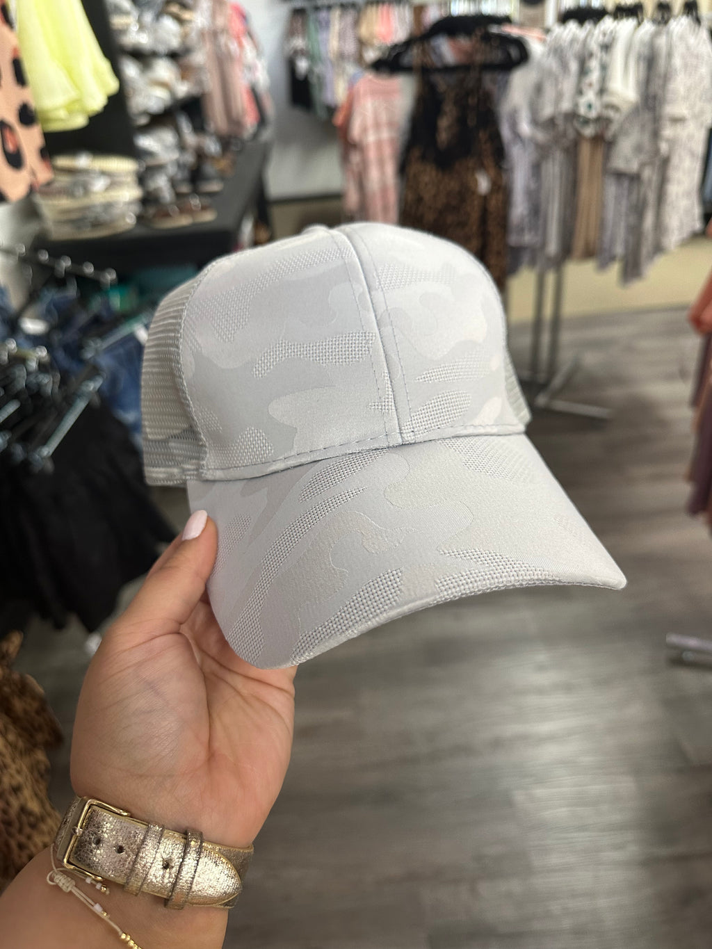 Grey Camo PonyTail Hat