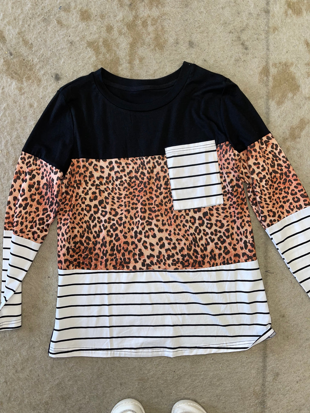 Long Sleeve Striped Leopard Print Top