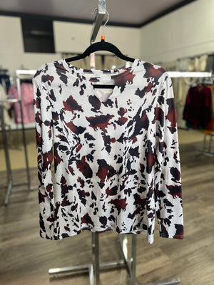 Cow Print Key Hole Long Sleeve Top