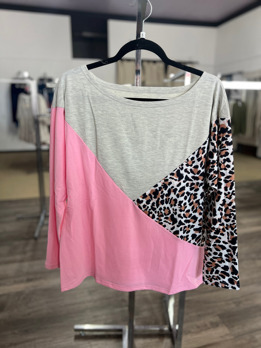 Pink, Grey and Leopard Color Blocked Top