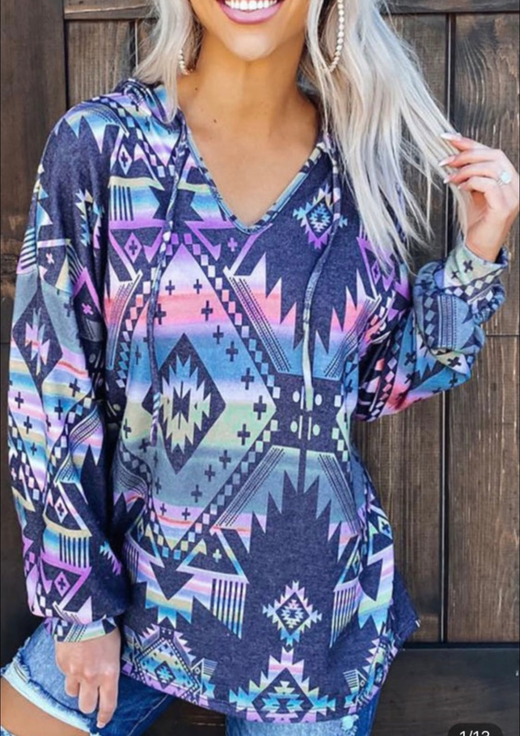 Blue Aztec Print Hoodie