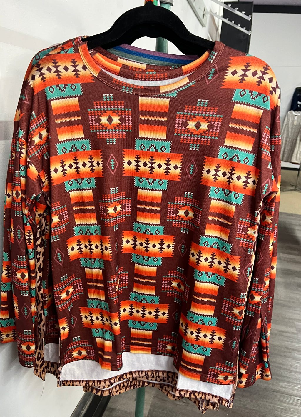 Orange Western Aztec Long Sleeve Top