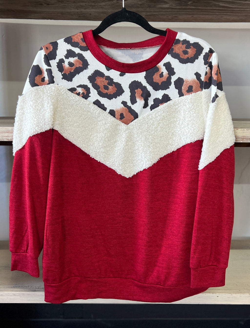 Leopard Print Sherpa Detail Red Top