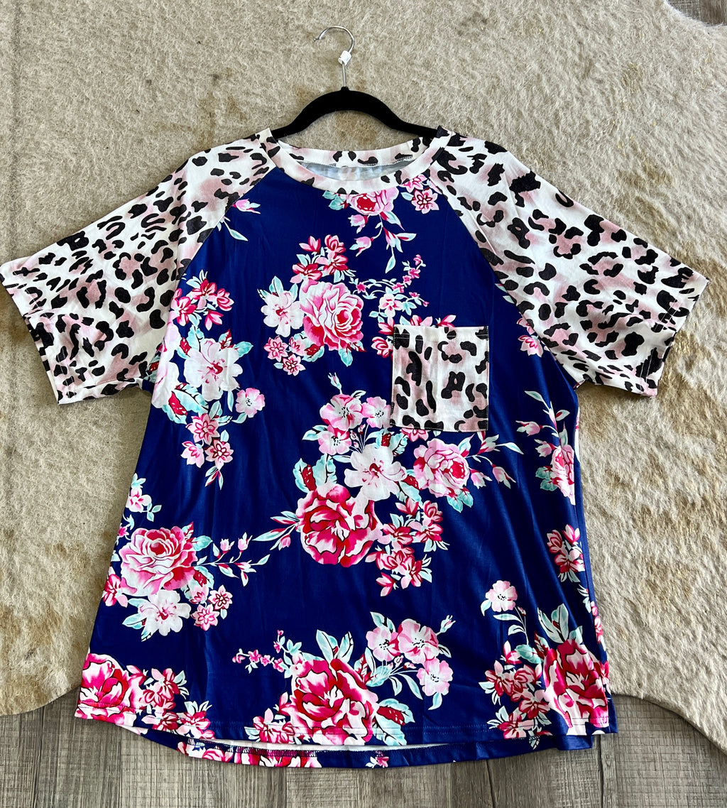 PlusSize Floral with Leopard Sleeve Tee