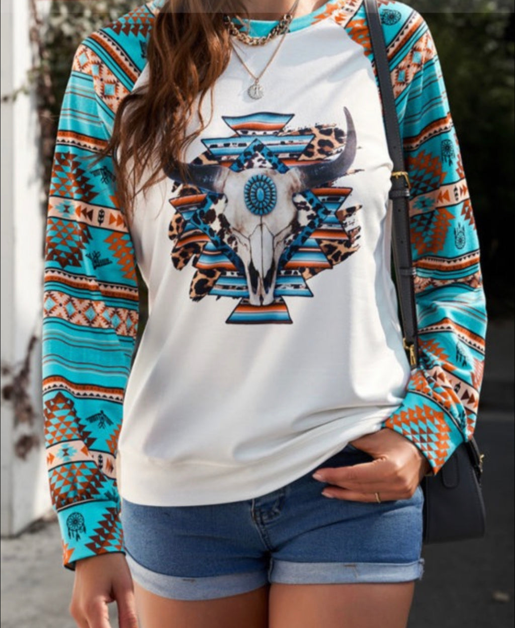 Aztec Sleeves Cow Head Sweatshirt