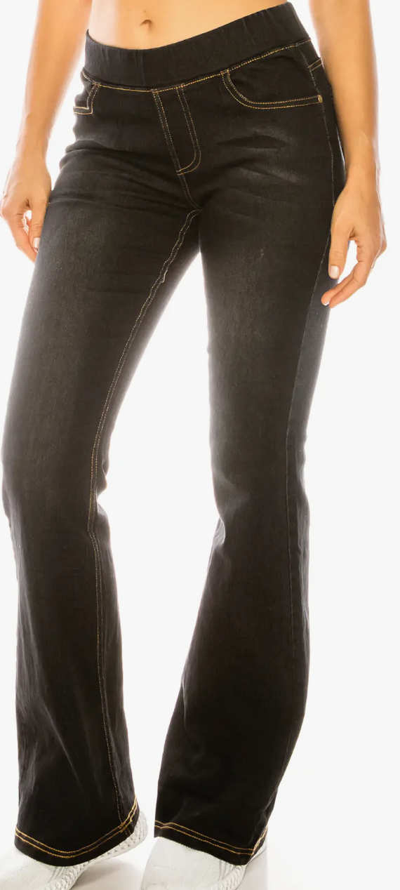 Black Color Pull On Denim Flare Jeans