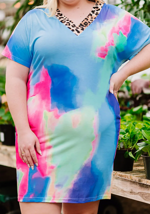 Plus Size Leopard V-Neck Tie-Dye Dress